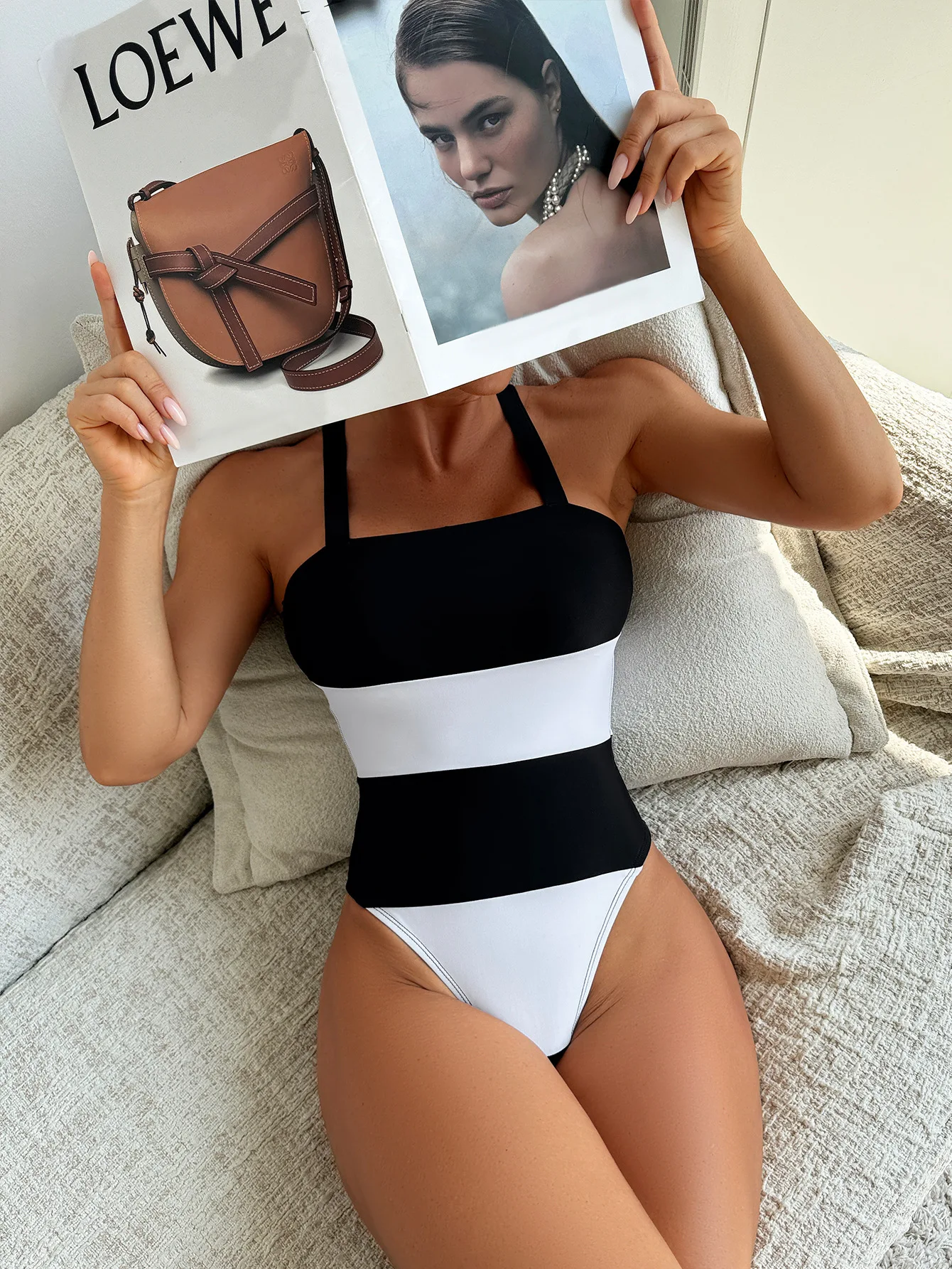 

Women Color Block Striped Square Neck One Piece Swimsuit Wide Shoulder Straps Tummy Control Slim Bathing Suit Beach Swimwear