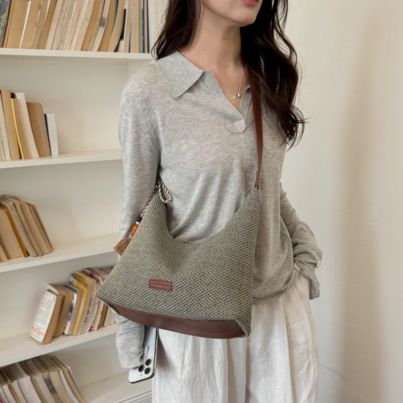 New Women Olive Woven Crossbody Bag Leather Trim Tassel Bead Charm Slouchy Shoulder Hand Carry Casual Daily Travel Ladies Purse