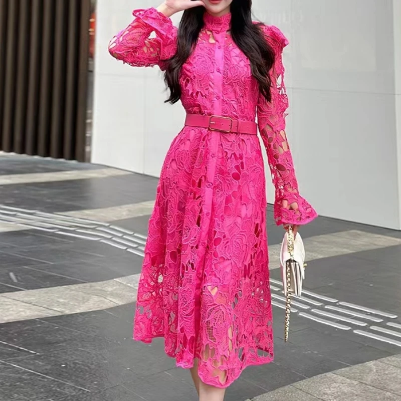 

Hollow Out Stand Collar Loose Solid Color Long Sleeve Dress Spring And Autumn New Patchwork High Waist Lace Women's Vestidos