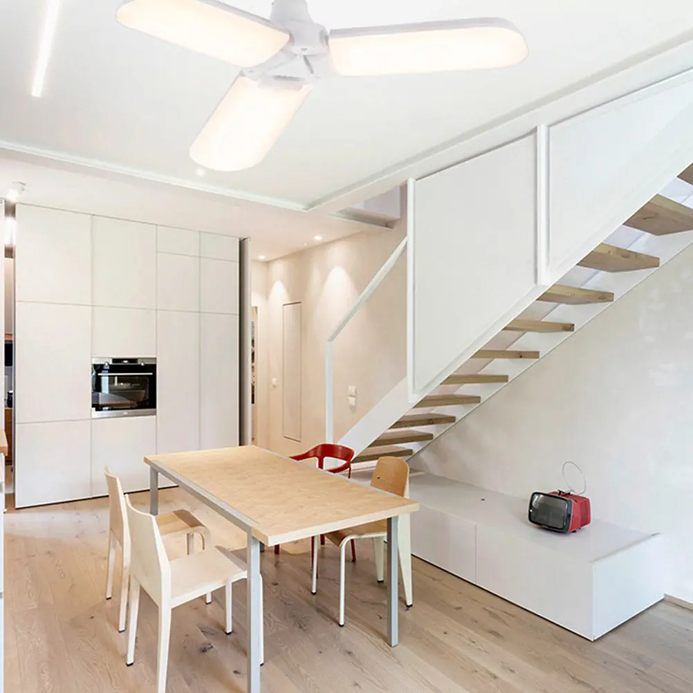 45W Foldable LED Light Bulb 3 Blades Adjustable Angle Collapsible 90 Degree Fan Lamp Warm White Light E27 Base for Garage Dining