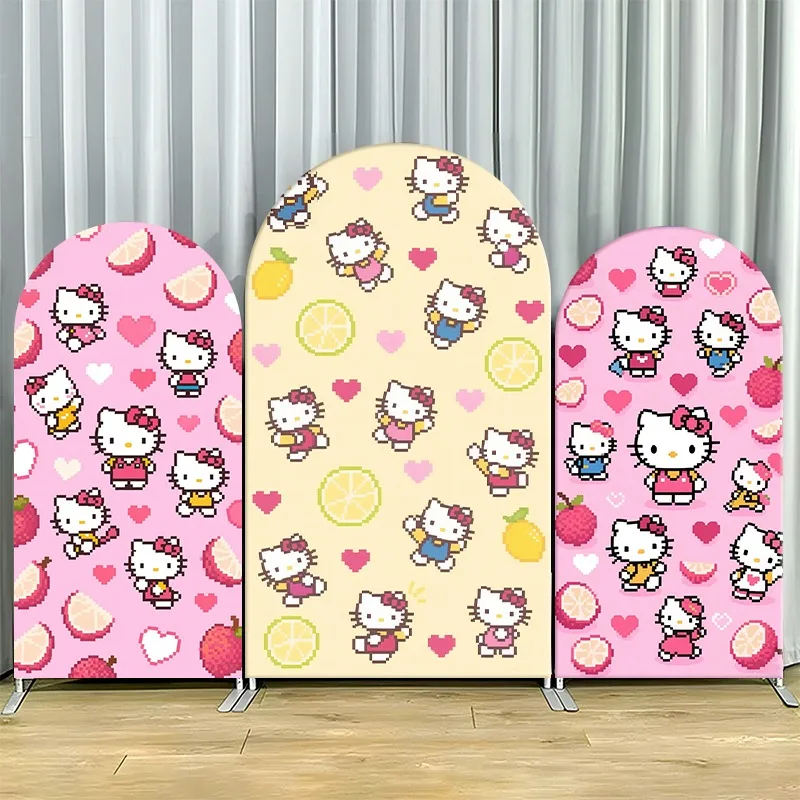Housse de toile de fond 2D à arche plate, simple couche, en tissu non extensible, thème Hello Kitty Fruits, ensemble de fête avec panneaux roses et jaunes