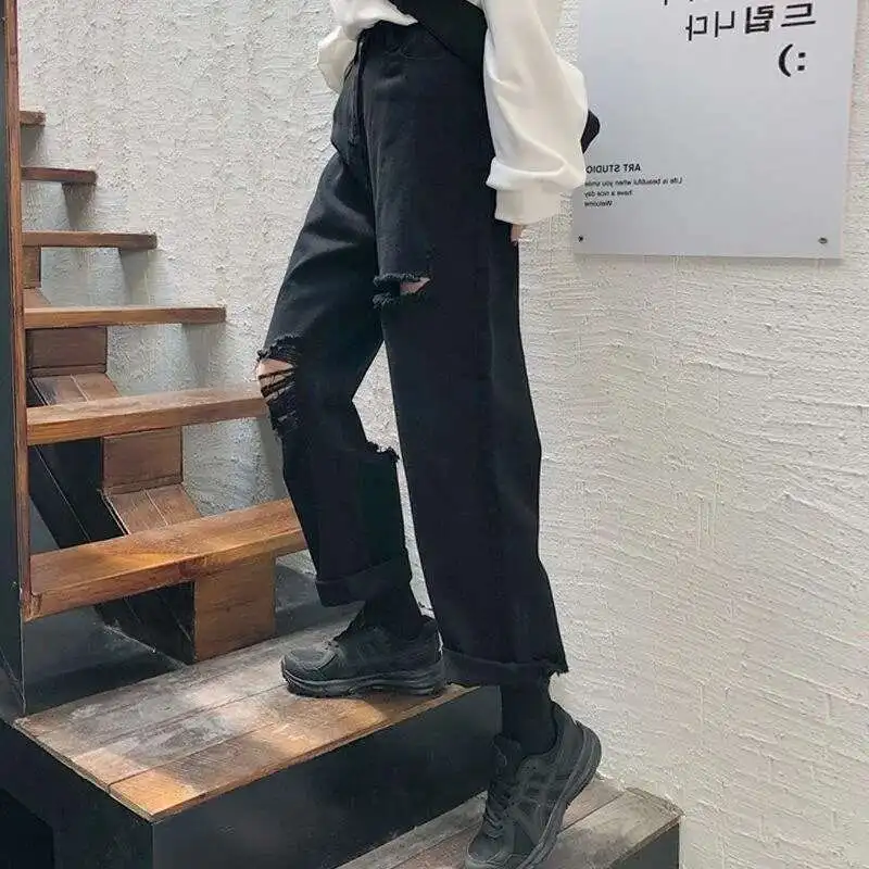 Women Jeans Black Elastic High Waist Denim Pants Streetwear Ripped Hole Straight Wide Leg Trousers With Pockets Woman Clothing