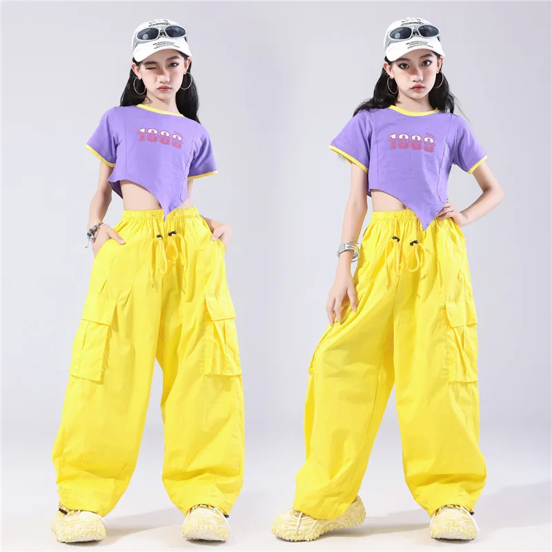 

Новый джазовый наряд для девочек, танцевальный костюм Kpop для сценического шоу, фиолетовый укороченный топ, желтые брюки-тафле, линия танцевальной одежды, уличная одежда VBH1940