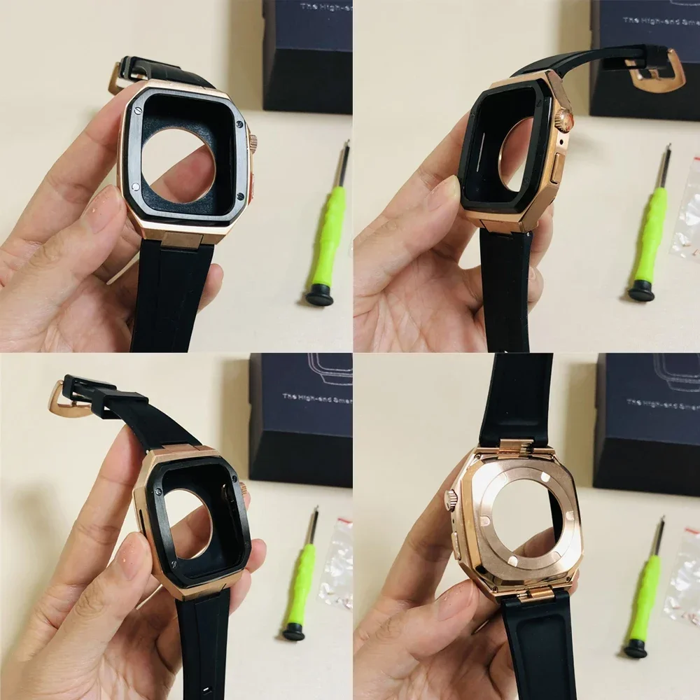 44mm 45mm Luxury Metal Mod Kit For Apple Watch Series 8 7 Silicone Band Strap For iWatch 6 SE 5 4 41mm 40mm Modification Kit Set