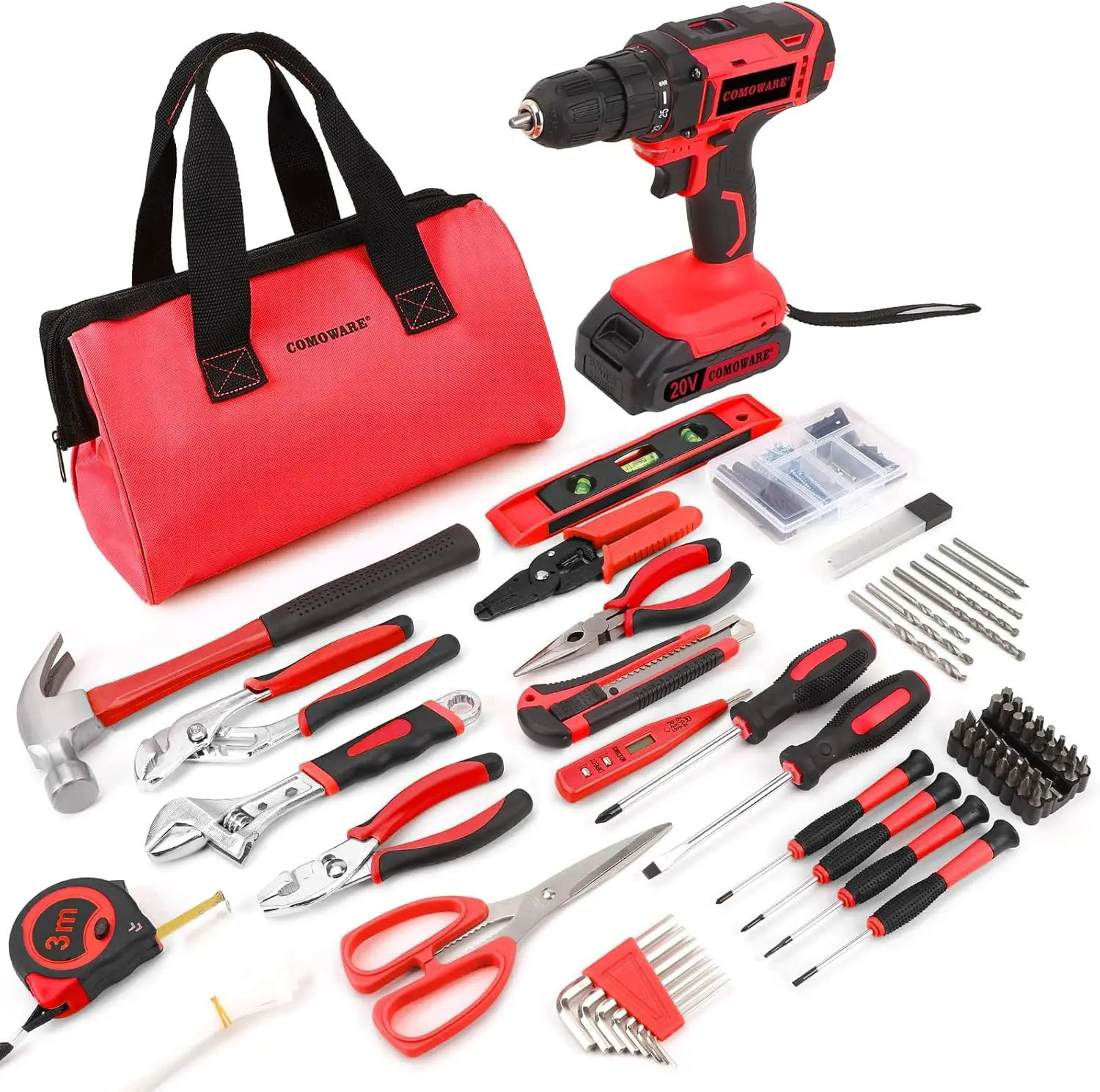 

Home Tool Kit with 20V Cordless Power Drill, 171PCS Household Repairing Tool Set with Red Storage Bag for DIY Home Maintenance