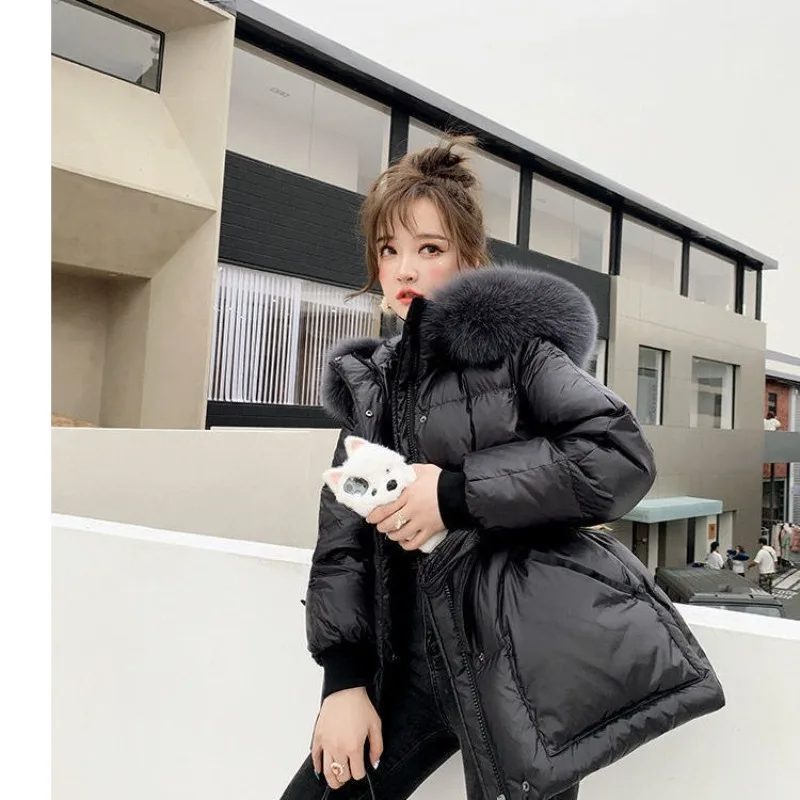 Female Winter Autumn Tops Coat Cotton-padded Clothes Fur Collar Glossy Hooded Thicken Waist Retro Simple Soft Versatile Thin New
