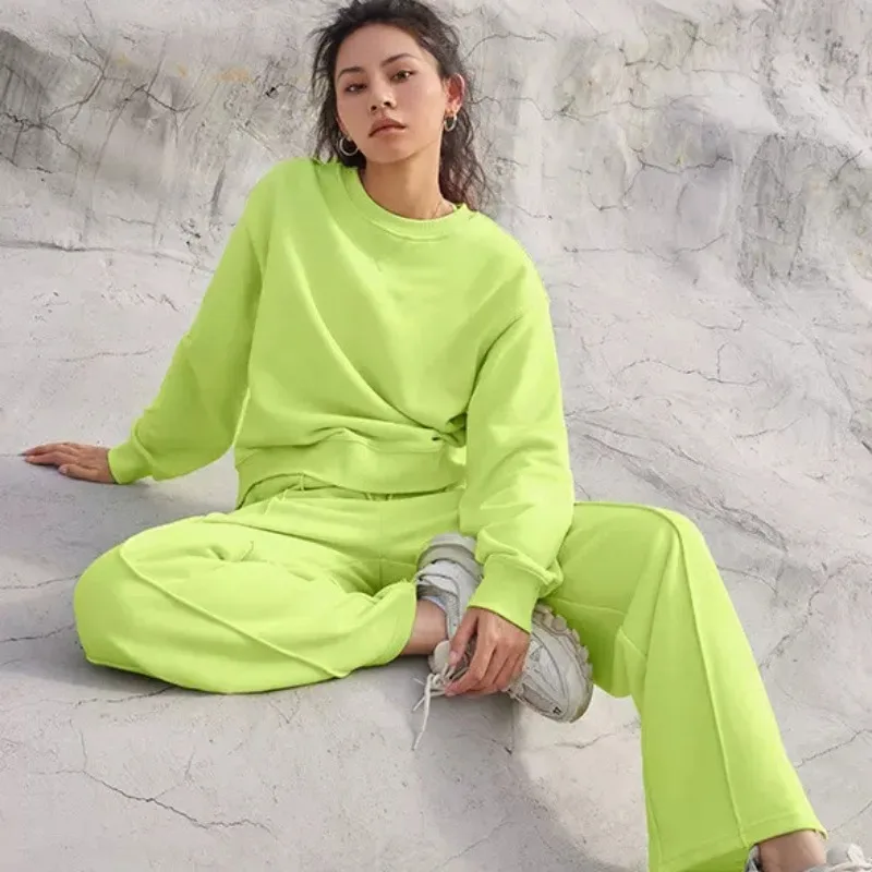 2026 Spring and Autumn Solid Color Round Neck Pullover Trousers Women's Fashion Casual Long Sleeve Sweater Suit