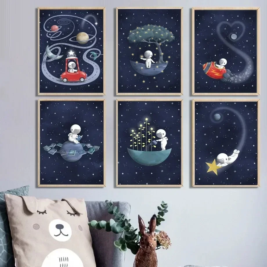 Lindo astronauta Luna estrella coche cohete planeta espacio exterior arte de pared minimalista lienzo impreso pintura carteles para Ho moderno