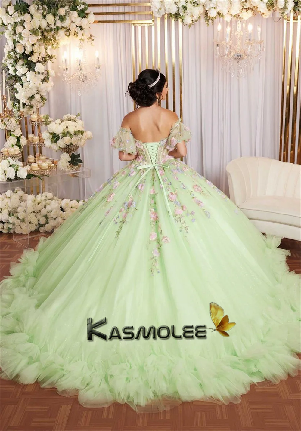 فساتين Quinceanera من Kasmolee Pastrol Ball 15 Ans بدون أكتاف وأربطة من الدانتيل مزينة بالدانتيل مخصصة