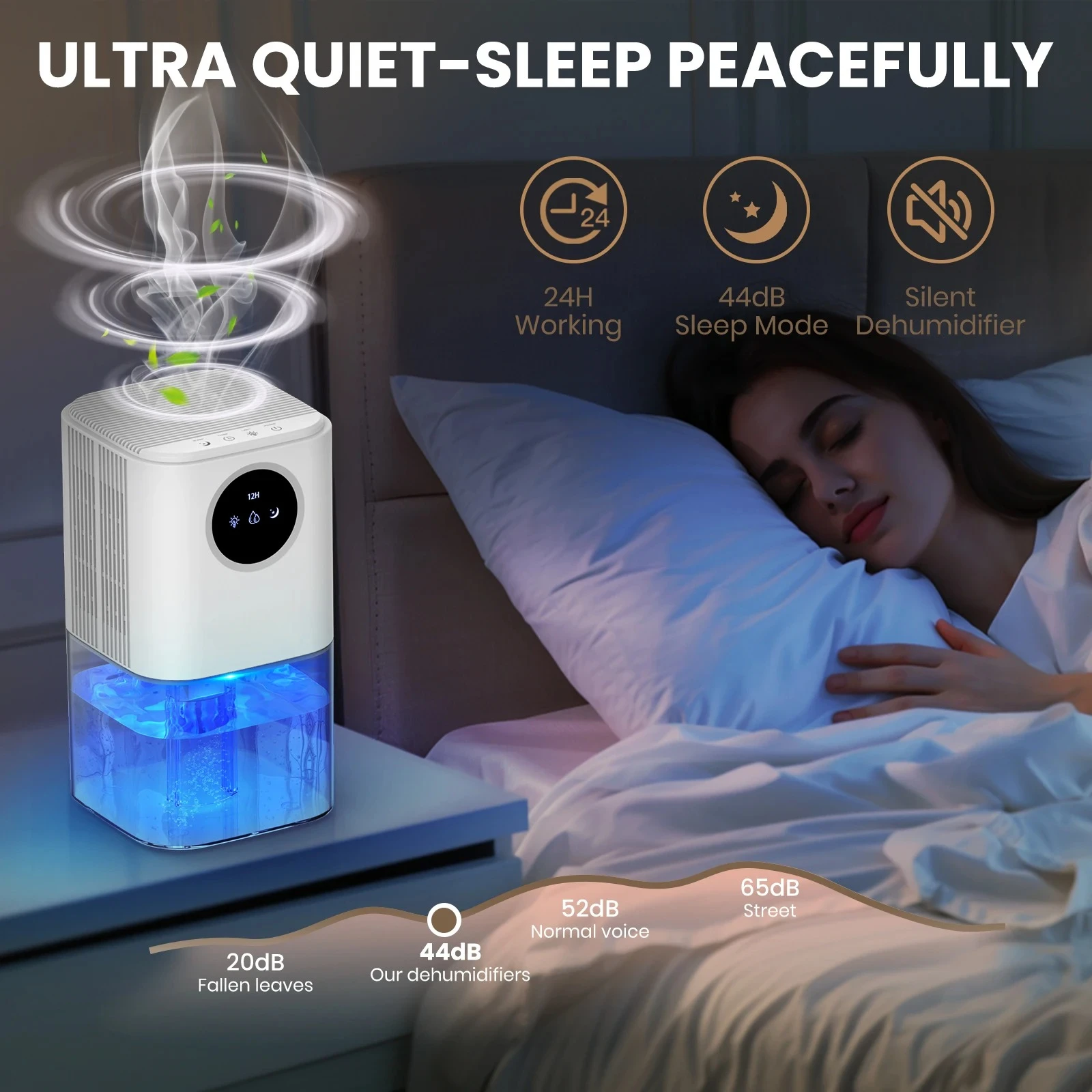 Portable Dehumidifier With 35 Ounces Capacity, Silent Operation, With Romantic Colorful Lights, Timer Switch