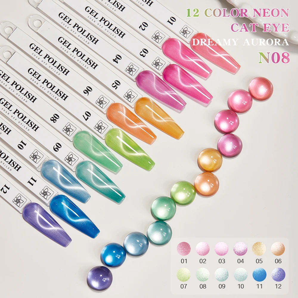벤디니 12색/세트 네온 시리즈 크리스탈 캣아이 젤 네일 폴리쉬 UV LED 글리터 마그네틱 매니큐어 바니쉬 (컬러 카드 포함)