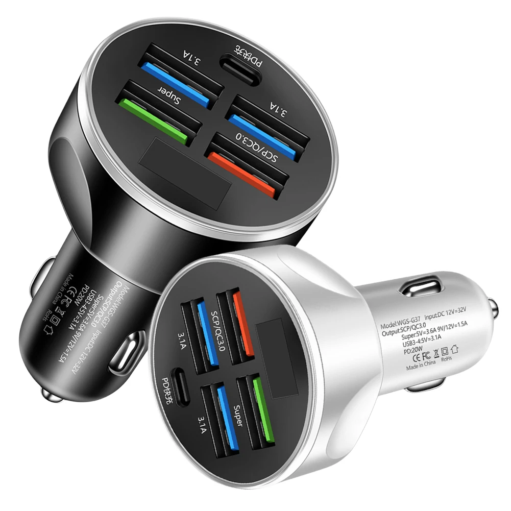 4USB PD 250W Auto Mobile Phone Adapter Type C Fast Charging Cigarette Lighter Adapter 5 In 1 for iPhone 15 14 13 Samsung