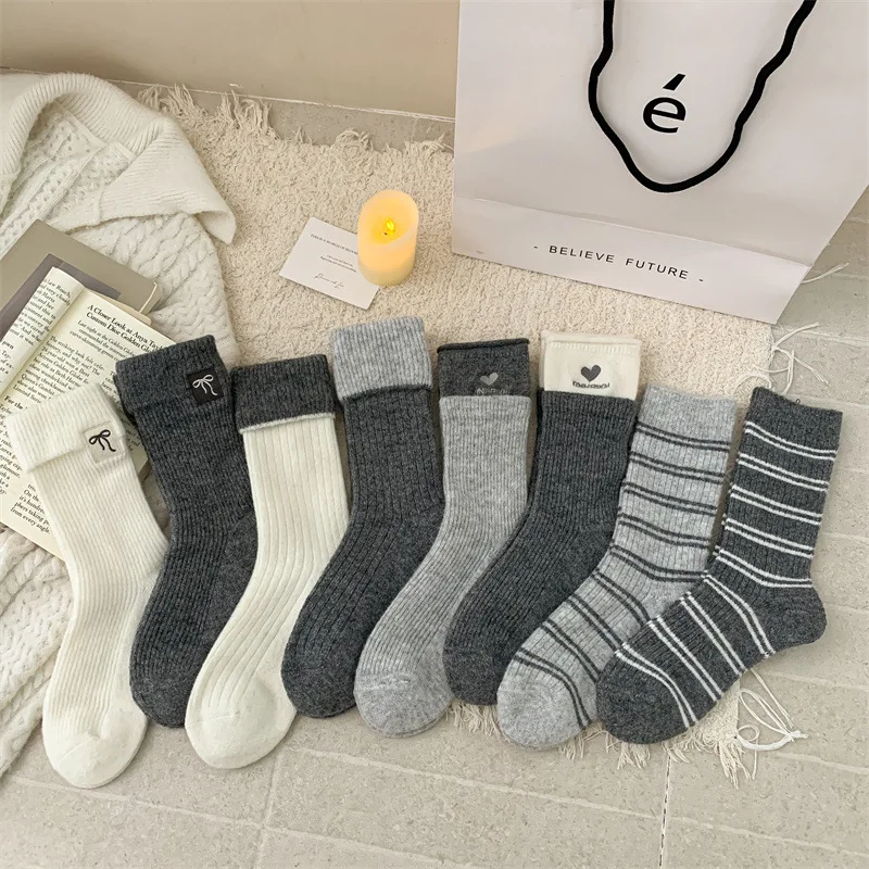 

8 pairs of autumn winter new women's thick warm mid tube socks versatile sweat absorbing simple comfortable casual socks