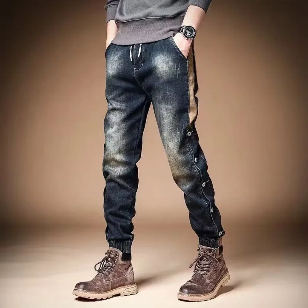غير مرئية مفتوحة المنشعب في الهواء الطلق الجنس الغريبة Hotpants وزرة الرجعية الرجال الجينز الراقية بسيطة البضائع فضفاض سروال شكل قلم رصاص