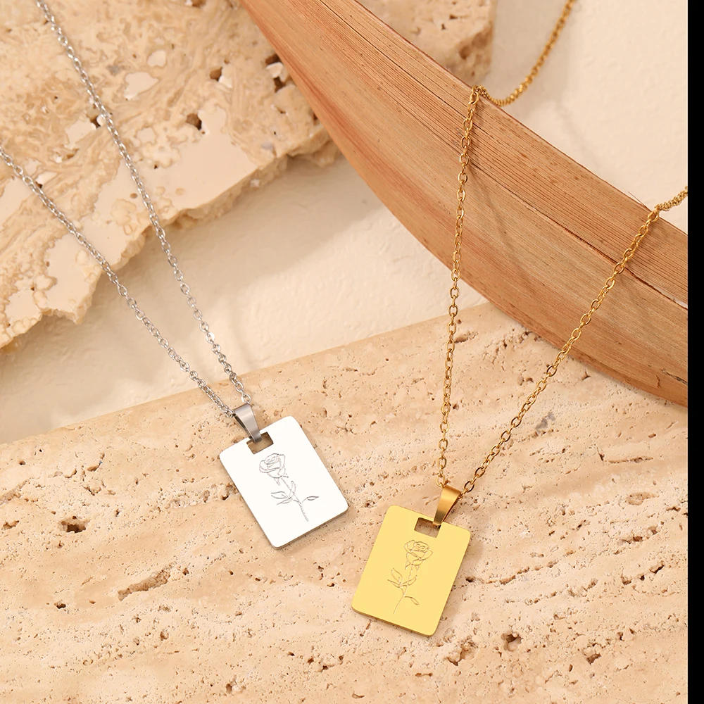 Stainless Steel Necklaces Square Flower Pendant Collar Chain Fashion Trendy Necklace For Women Jewelry weddings Anniversary Gift