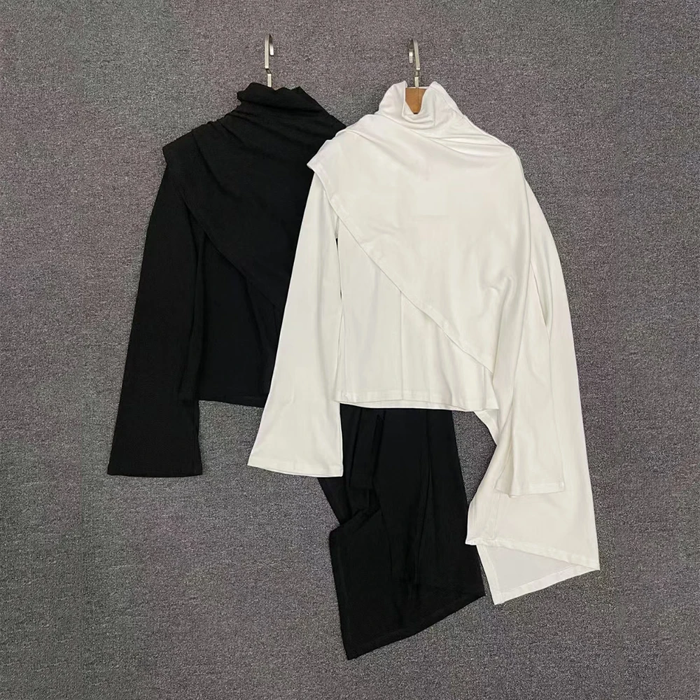 

Женская футболка Y2k, простая повседневная футболка с расклешенным рукавом и высоким воротником, стильный комплект из двух предметов, весна-лето 2024