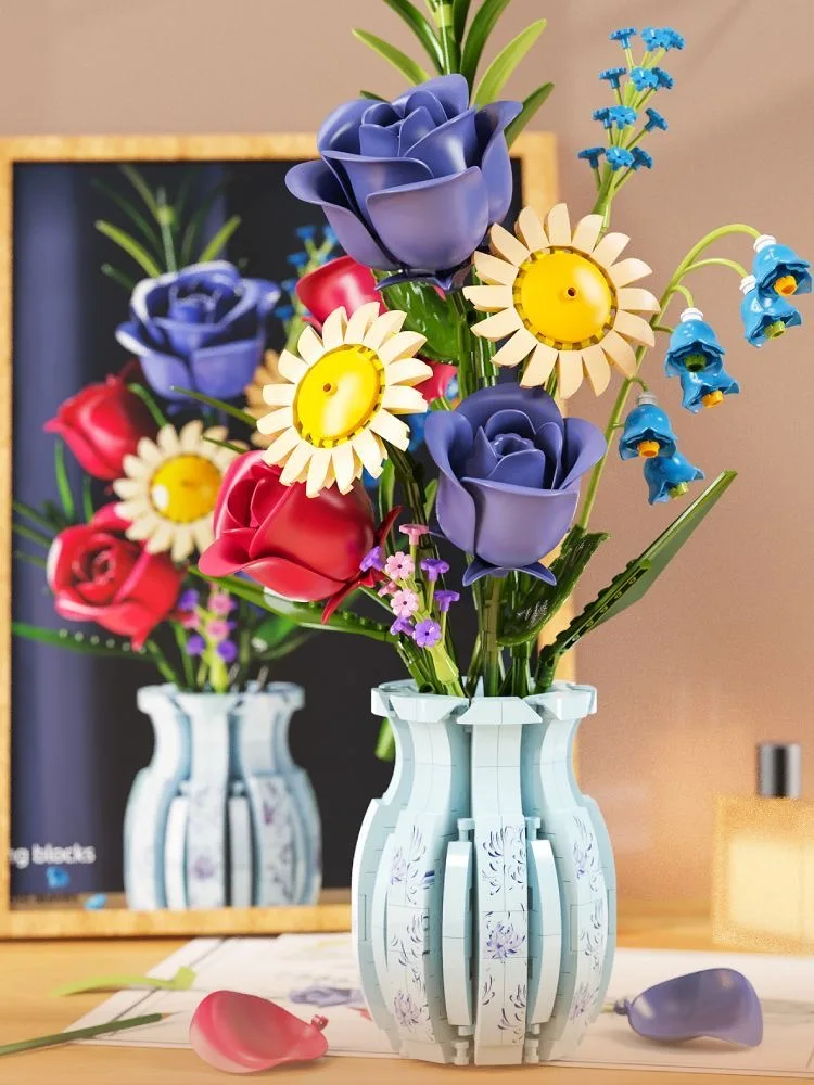 Blue and white porcelain bouquet decoration puzzle assembling building blocks holiday bonsai living room desktop decoration