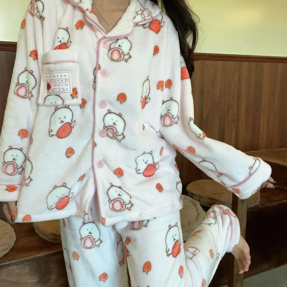 Mogumogu Peripherals Joke Bear Winter Coral Velvet Pajamas for Girls Warm and Thickened Home Clothes Give Gifts To Girlfriend