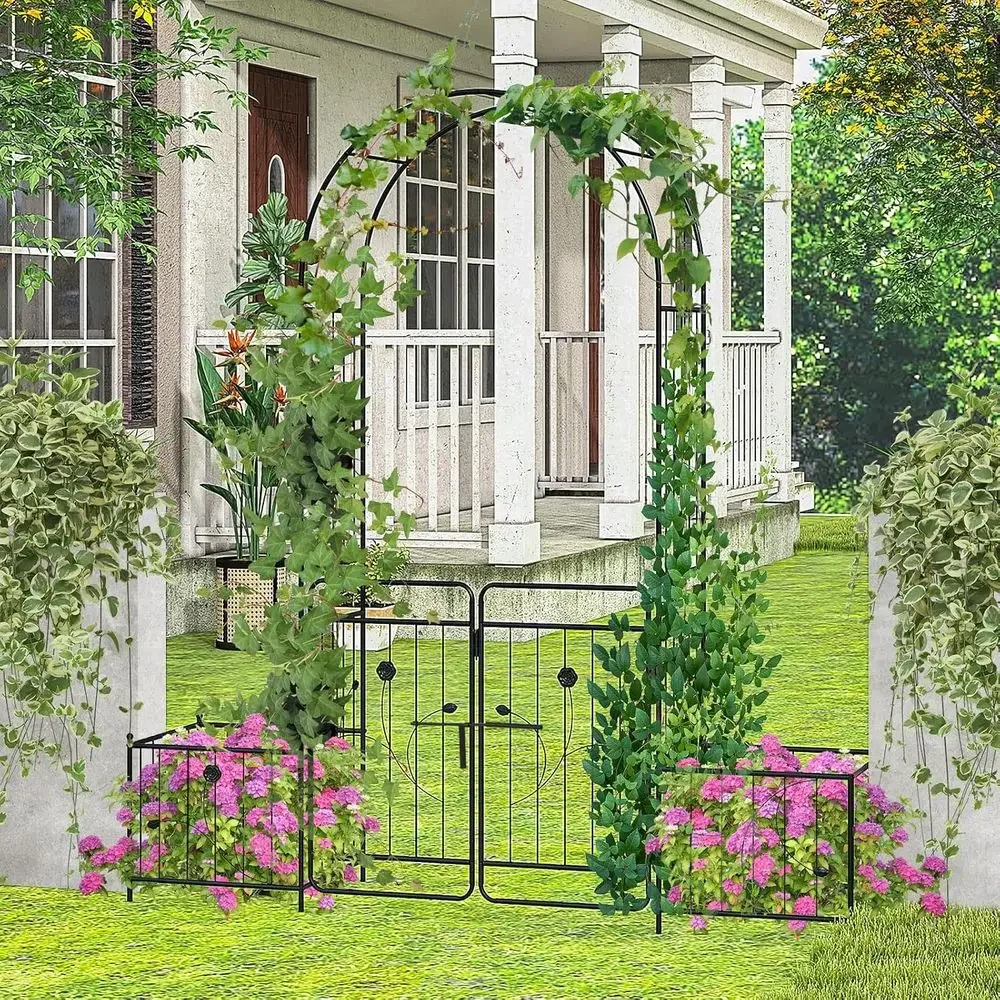 Elegant 87 Metal Garden Arbor with Lockable Gate, Arched Trellis for Climbing Plants and Wedding Decor