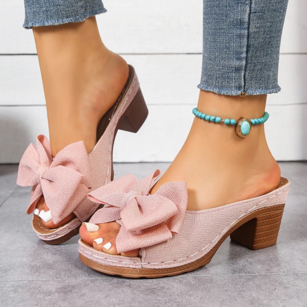 Women High Heel Slippers Platform Outdoor Sandals New Leisure Large Size Shoes Women Lightweight Bow Tie Slippers Slides Women