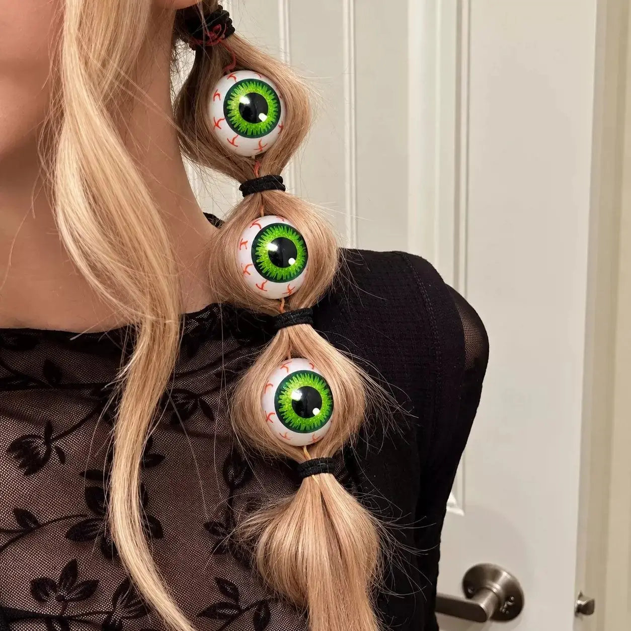 Eyeball Hair Ties Halloween Gothic Green Scary Funny DIY Beads Braids Pigtails Cosplay Party Accessories Women Girls Black