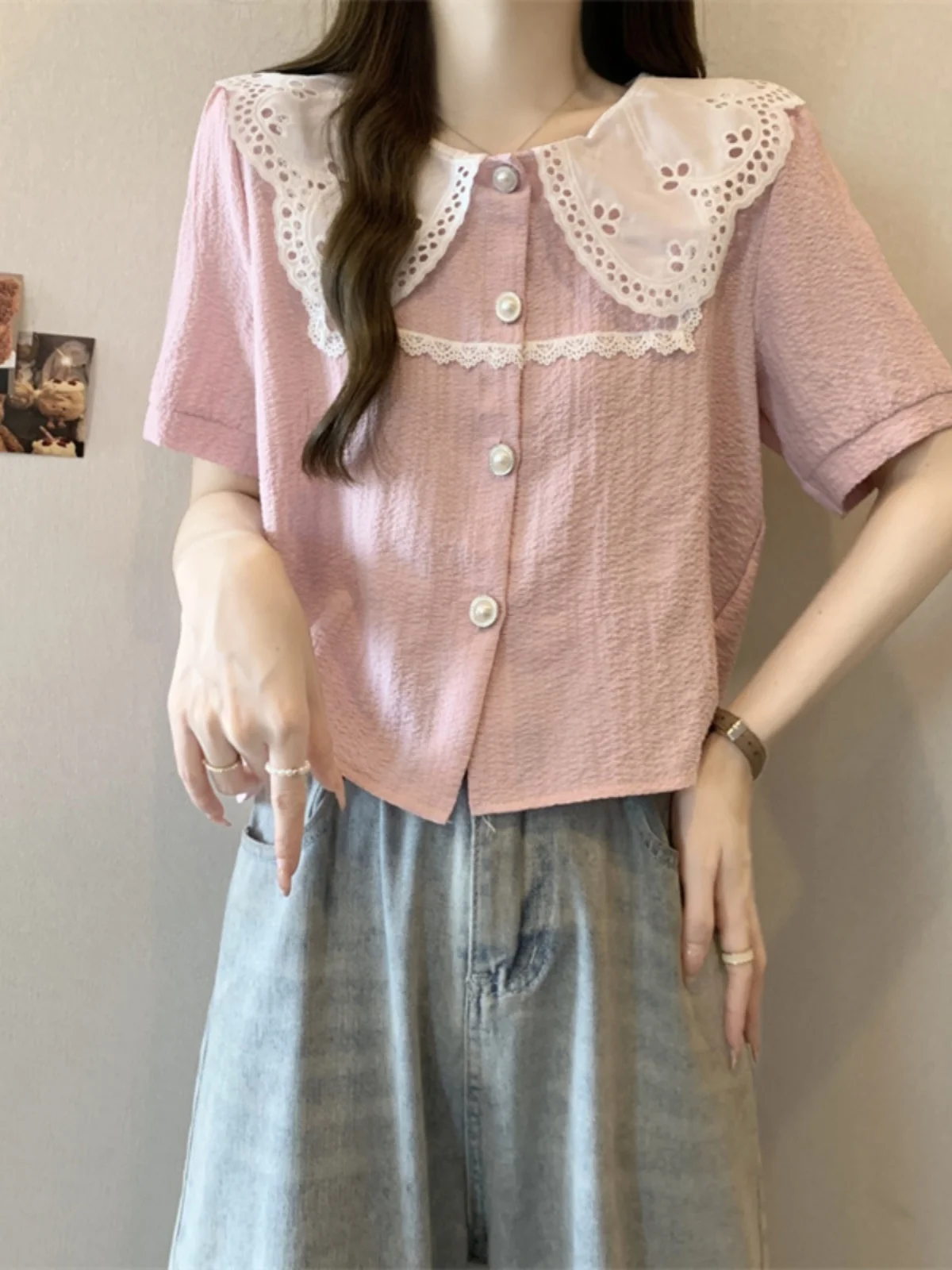 

Pink Doll Collar Short Sleeve Shirt Women Summer New Large Size Fat MM Belly Cover Anti-Aging Small Shirt Super Beautiful Uni...