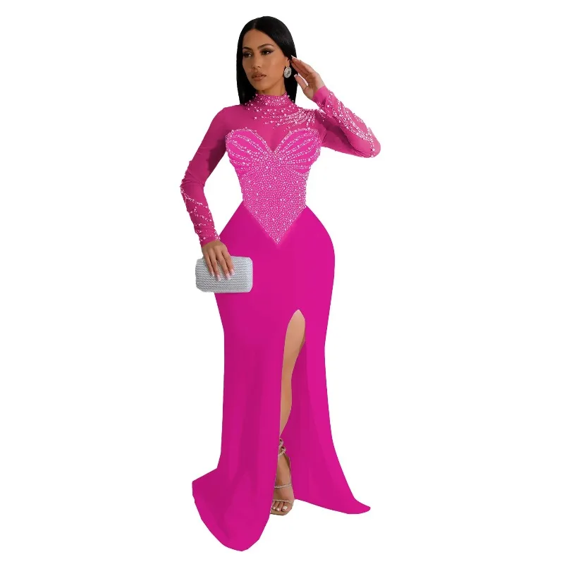 

Женское платье миди-макси с длинным рукавом и бриллиантами, горячие стразы с высоким разрезом по бокам, платье макси 2025 года, даже сексуальные вечерние платья, Vestidos