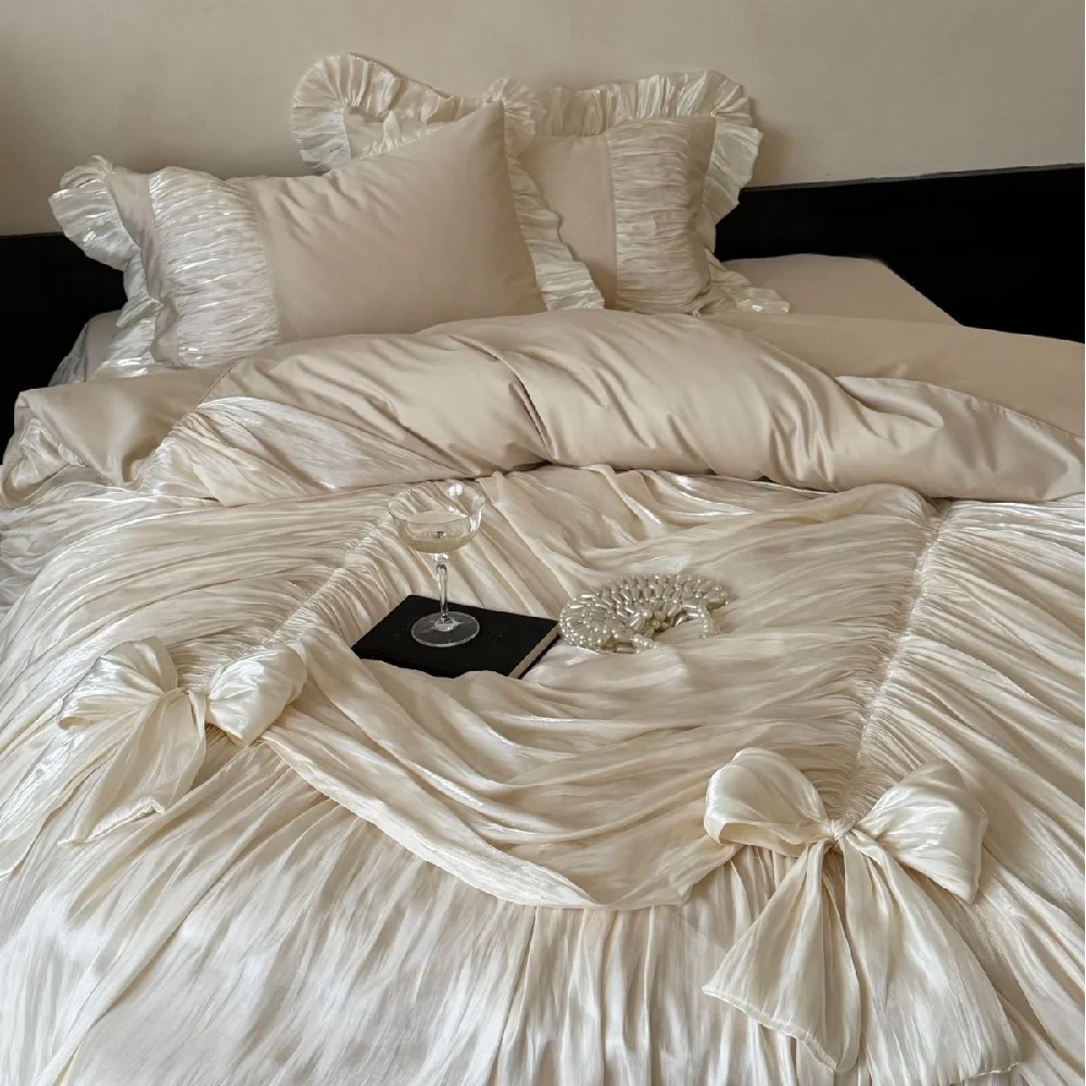 Vintage Princess 4-Piece Ruffled Bedding Set, Soft Crinkle Cotton Duvet Cover with Double- Layer Lace Ruffle, Elegant Bed Skirt