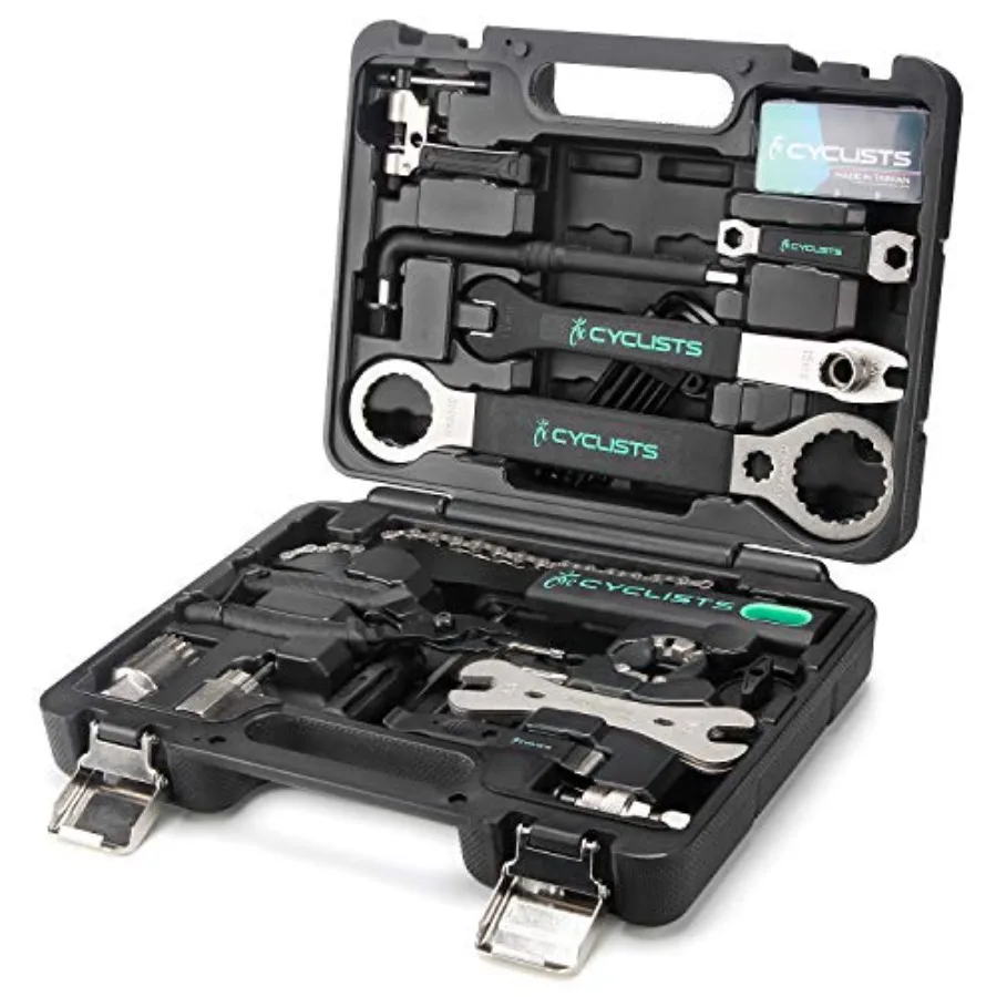 

Bike repair tool kit for mountain and road bikes: aluminum alloy, black, 23-piece set with compact storage case
