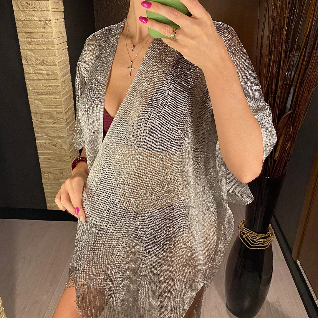 Sexy Fransen-Quasten-Netzstoff-Transparente Glänzende Strick-Tunika Strand-Überwurf Strandkleid Strandkleidung Damen V3321 – Detail 14