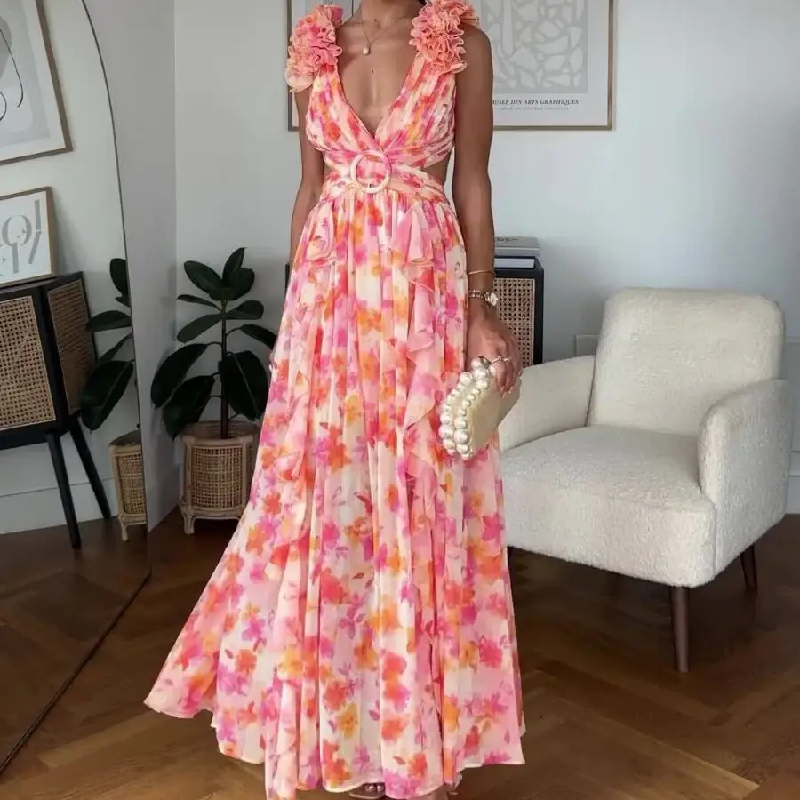 2025 Sexy Printing Deep V Neck Pleated Dress for Women Fashion Casua Lace-up Party Gowns Holiday Beach Backless Long Dresses New