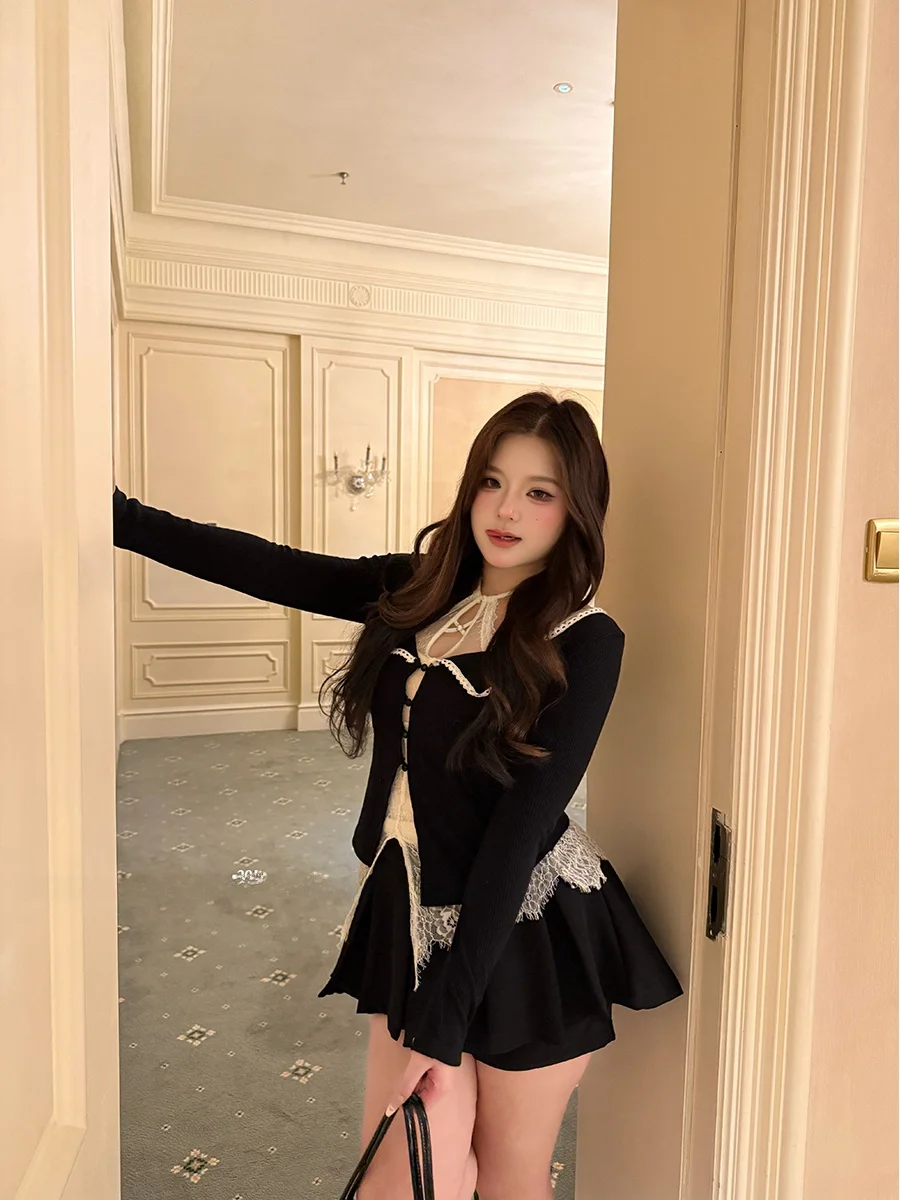 

Sweet Long Sleeve Lace Short Dress for plus Size Girls High Waist A-Line Skirt Casual Style Commute Friendly Comfortable Fit