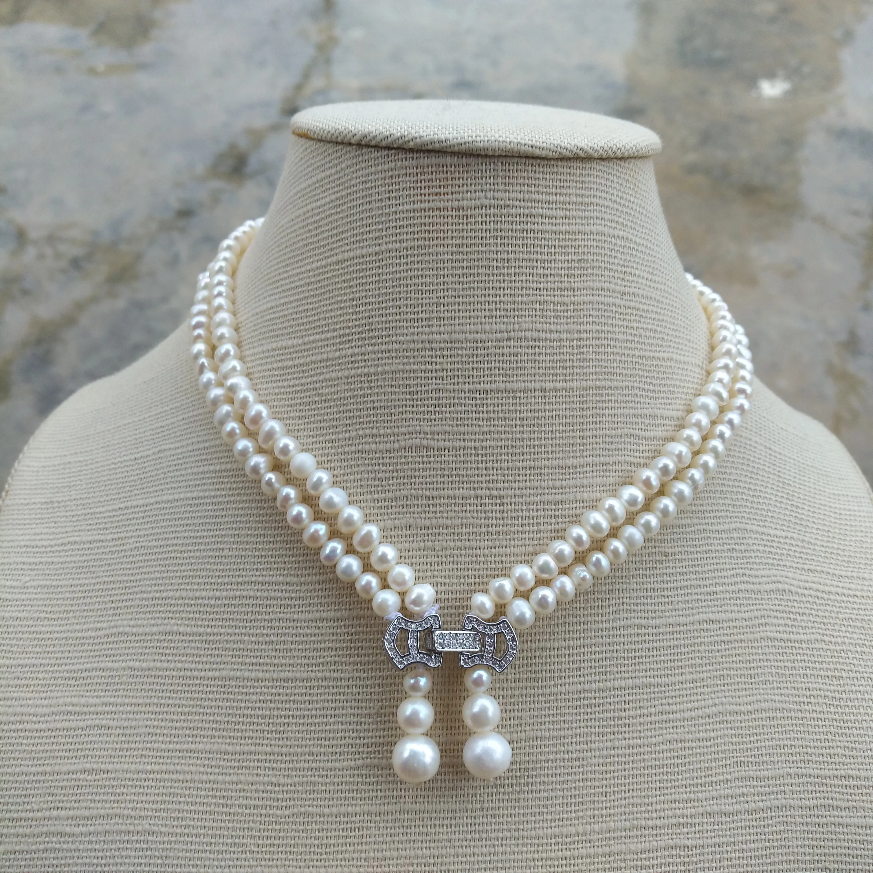 

Timeless 2 Rows New Pretty Design 5-8mm AAA Akoya White Real Pearl Necklace 17-18in Pendant