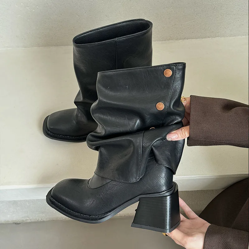 

Модные металлические женские ботильоны на каблуке 6 см, женские короткие ботинки в стиле вестерн с квадратным носком, туфли без шнуровки, женские туфли-лодочки