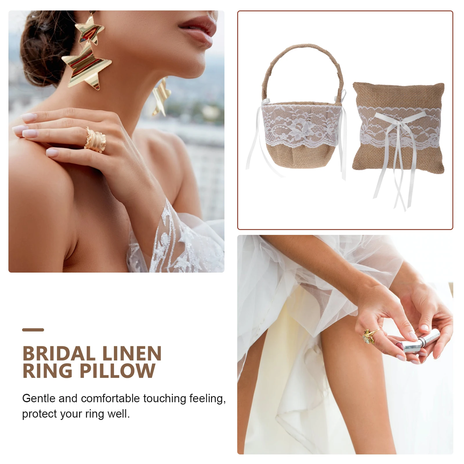 

Bridal Wedding Ring Pillow Linen Burlap Cushion Pocket Holder Rustic Lace Decor Pocket Size Lightweight Elegant Flower Basket