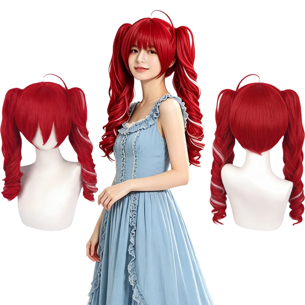 

Detachable Double Ponytail Kasane Teto Cosplay Wig Red White Highlight Curly with Bangs For Women Halloween Party Comic Con