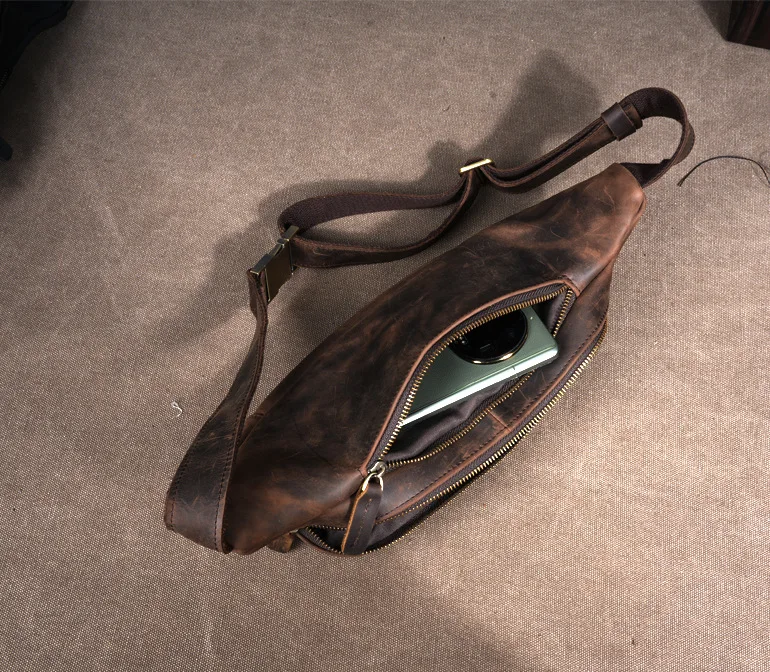 Men's Full-Grain Crossbody Bag - Convertible Chest Waist Pack, Genuine Leather Shoulder Bag for Outdoor Office