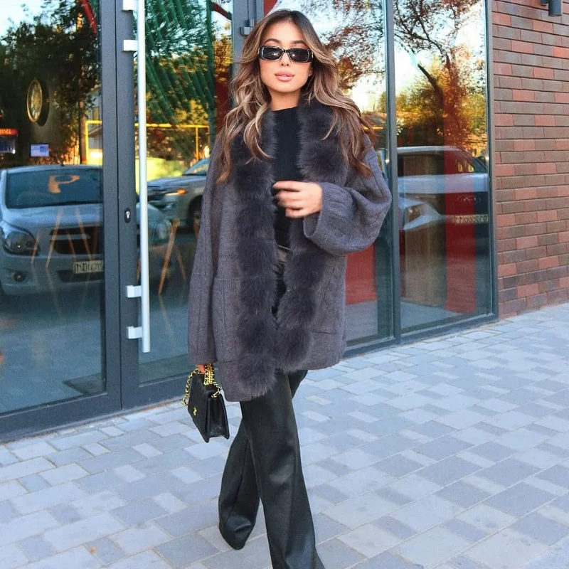 Cable Knit Cardigan with Faux Fur Collar — product details 9