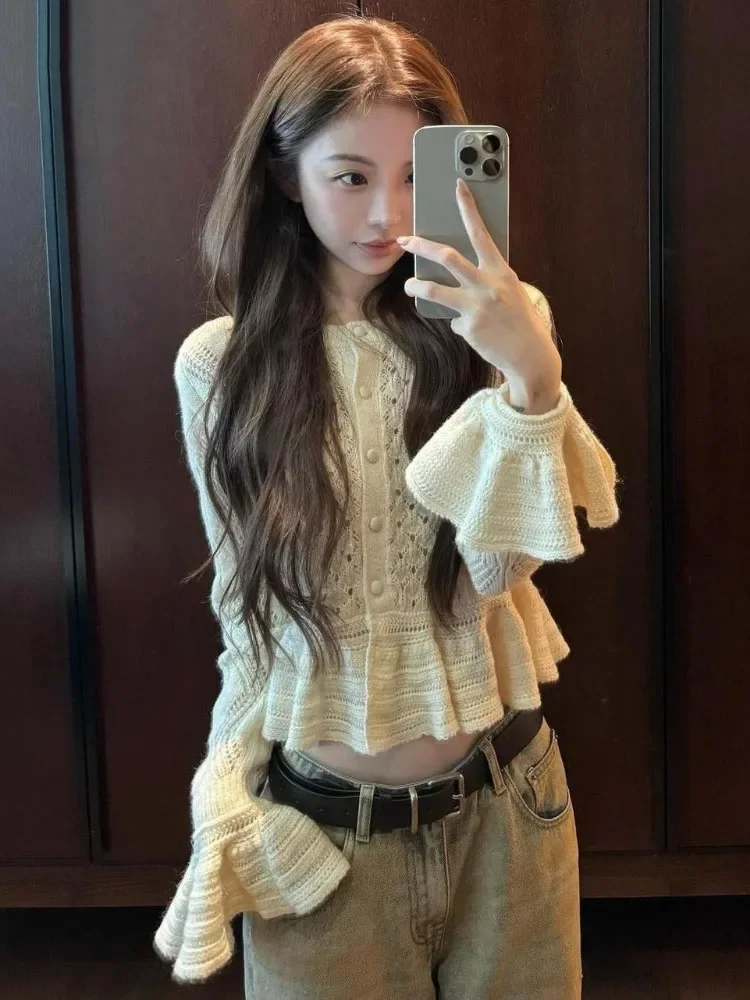 

New Hollow Out Cropped Cardigan Women Clothing Sueter Mujer Flare Sleeve Slim Fit Fashion Korean Pull Femme Knitted Y2k Sweater