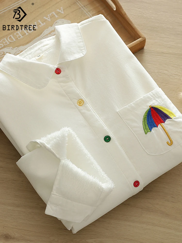 New Autumn Cotton Shirt Thickened Loose Lapels Long Sleeves Embroidered Comfortable Casual Literary Commute Blouse T3N716QD