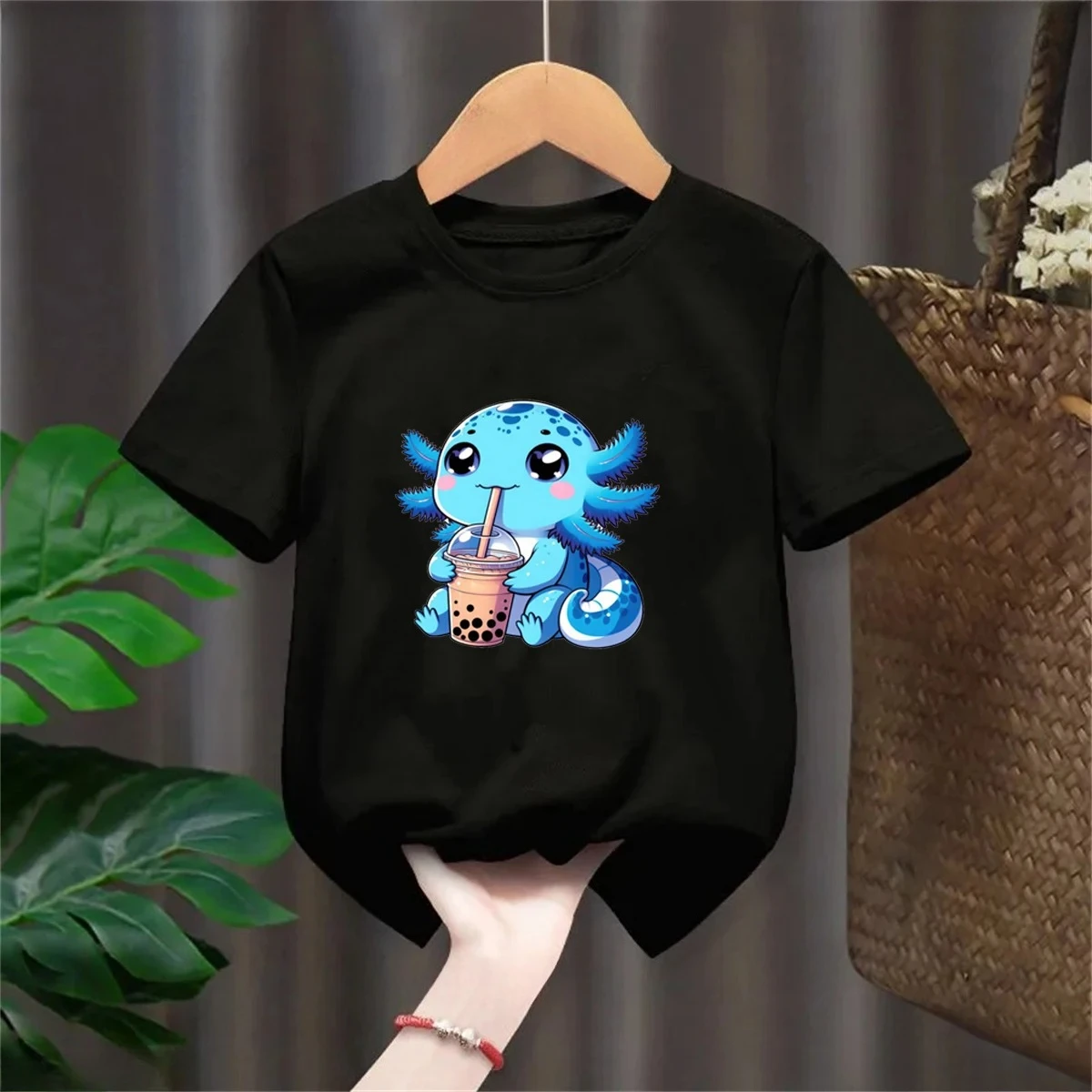 

New Cute Axolotl Drink Boba Tea Funny Kids T Shirt Girls Tshirt Summer Boys Clothes Fashion Tops Children Short Sleeve T-Shirt
