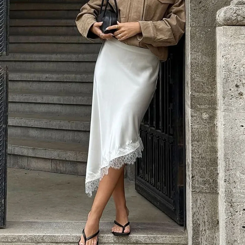 

Lace Medium and Long Skirt Women's Asymmetrical Skirt Temperament Fashion Satin Skirt