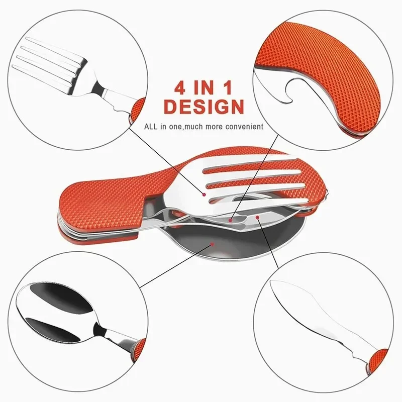 Stainless Steel Cutlery 4in1 Outdoor Picnic Tableware Foldable Knife Fork Spoon Bottle Opener Camping Folding Pocket Cutlery Set view 4