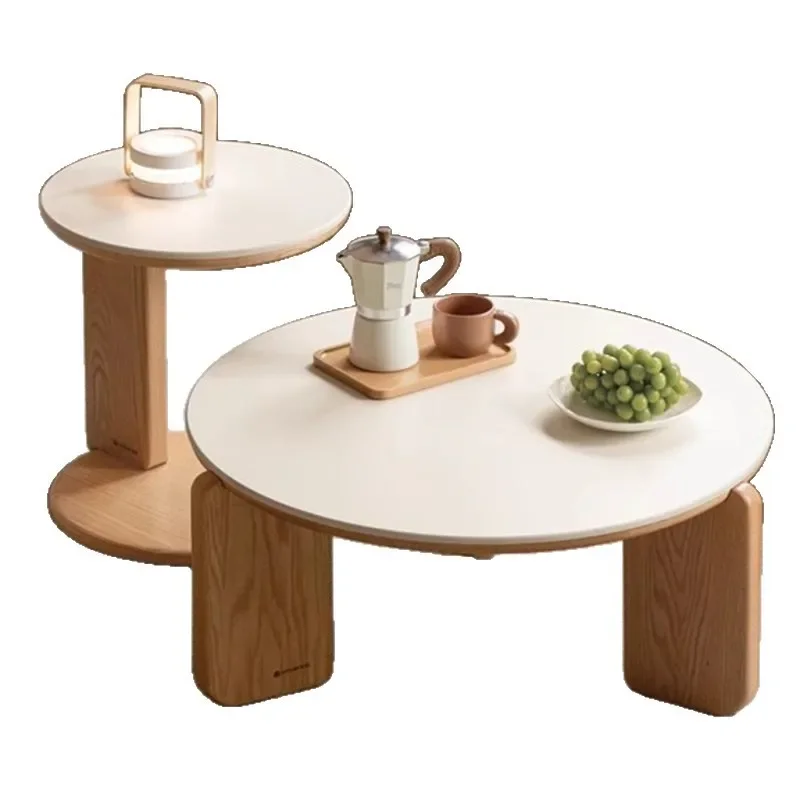 

Nordic solid wood coffee table combination living room small apartment sofa side rock slab round tea table oak low tea table