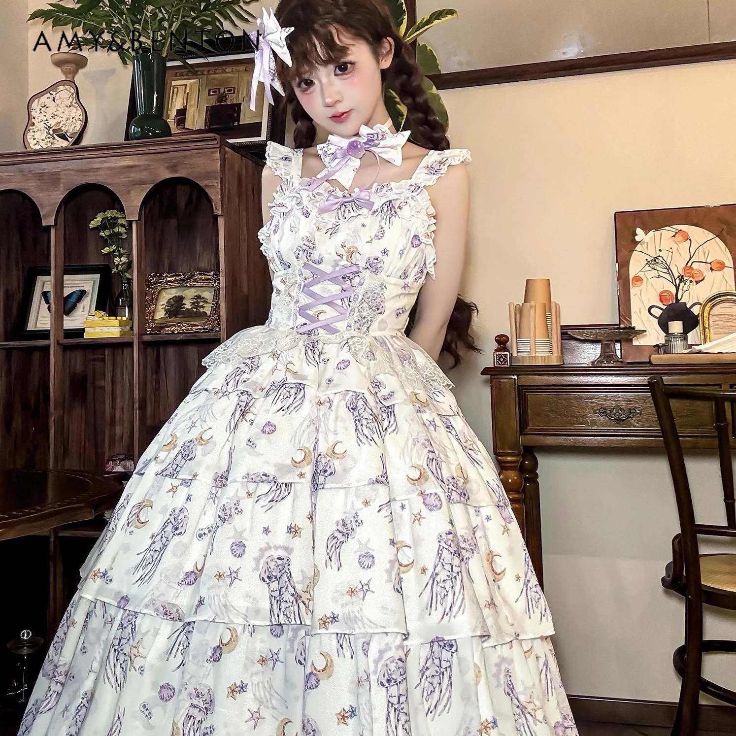 Vestido elegante estilo hada Lolita Puff estilo Pastoral Vintage princesa JSK vestido dulce lindo arco ajustado vestido de longitud media para mujer