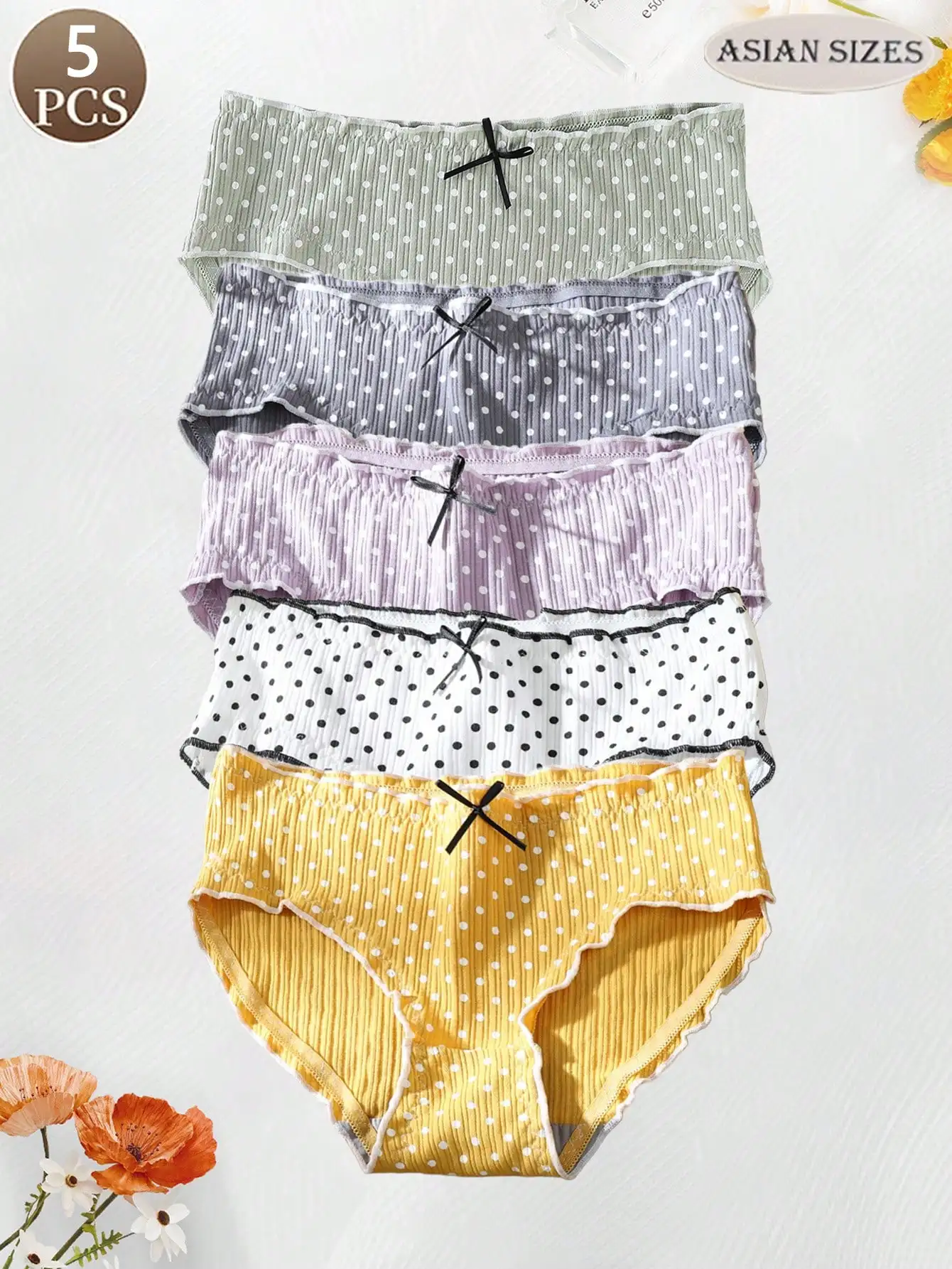 5-piece cute polyester-bow cotton women's underwear, comfortable and seamless, casual and sporty women's briefs