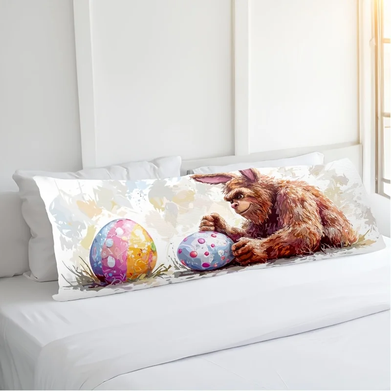 1pc Gentleman Bigfoot with Bunny Ears and Easter Cake Waist Pillow Cover, 50.8x137.16 cm - Double-Sided Print, Polyester, Zipper