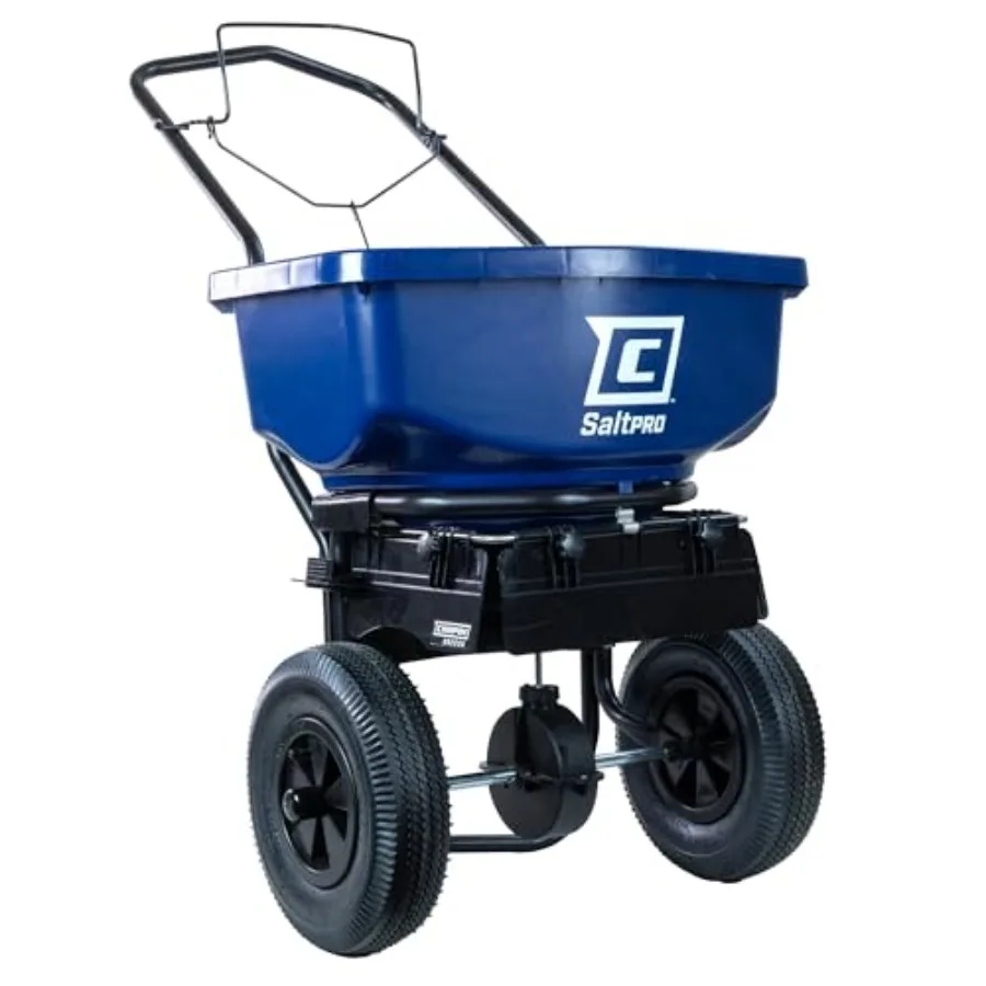 Walk Behind Salt and Ice Melt Spreader for All Season Use, Coated Steel Frame, Black, Adjustable Baffles and Spiked Auger for E
