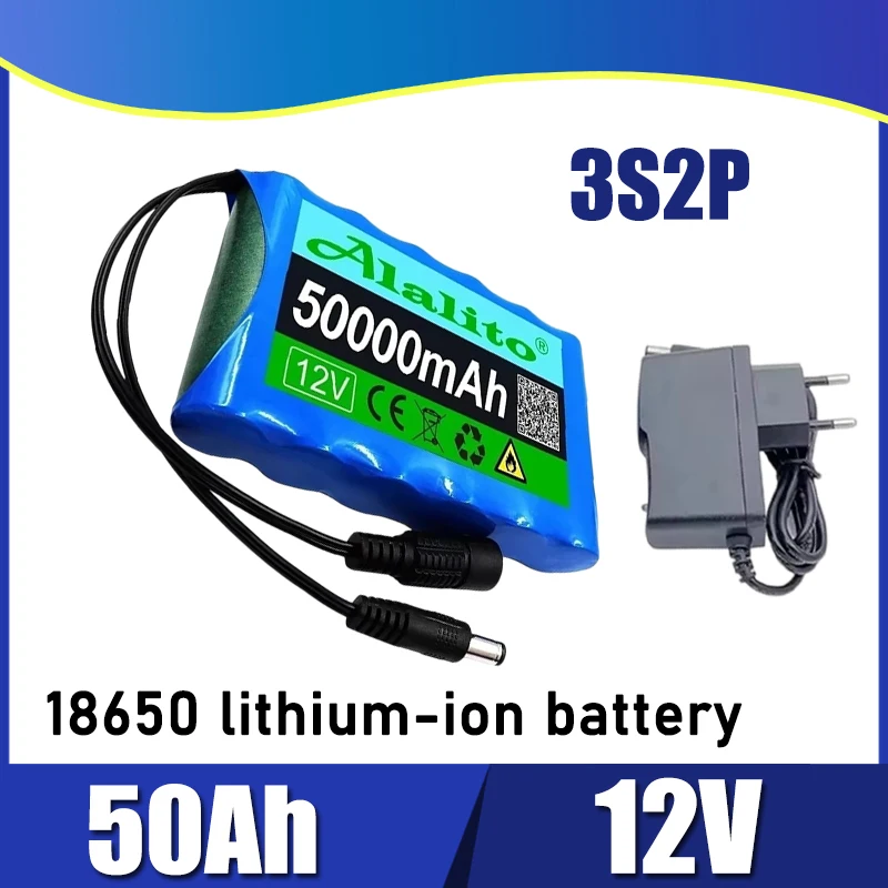 3S2P battery pack 18650 lithium-ion battery with BMS protection board+12.6V charger, 12V 50000mAh