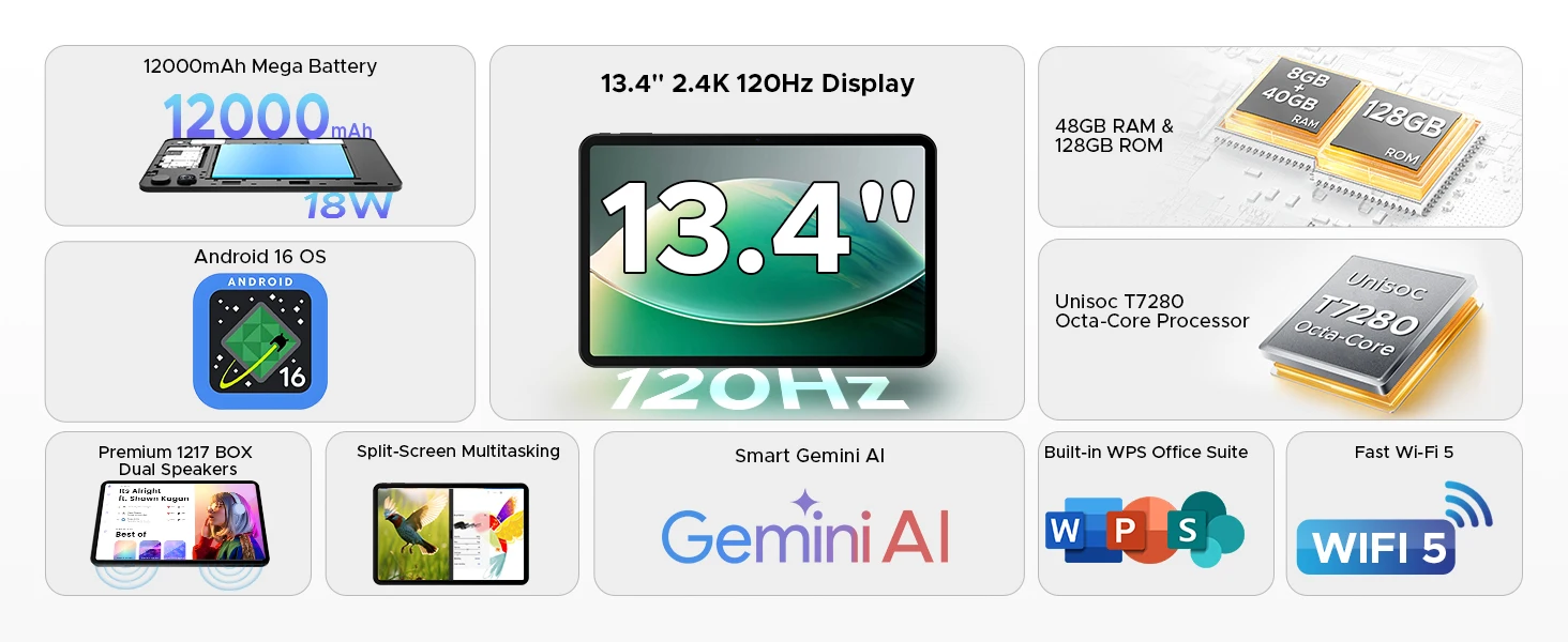 DOOGEE AORLYM P13 Tablet 48GB+128GB Gemini AI 13.4" 2.4K 120Hz Display 12000mAh Large Battery UNISOC T7280 Widevine L1 Android 16 Smart Pad